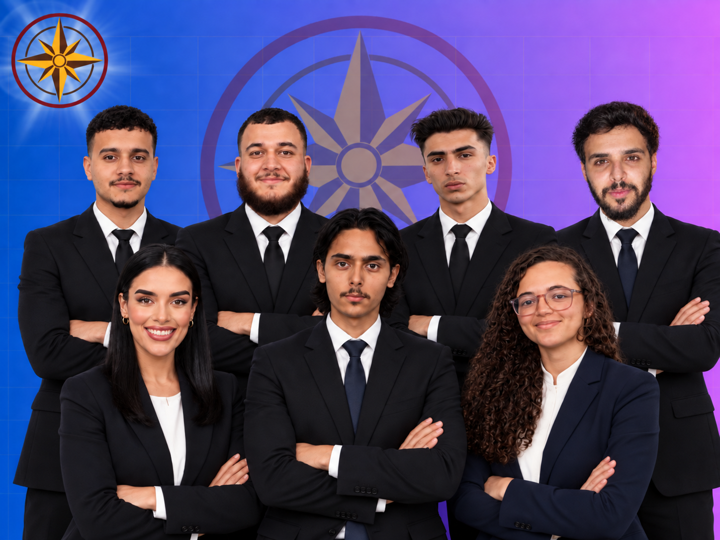 تركيب بصري يجمع أعضاء المشروع، بمن فيهم أسامة وافيق. صورة جماعية من المنشورات التعريفية لمشروع حزب الشباب الوطني
